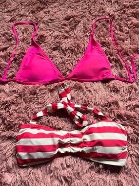 Hot Pink Triangle Bikini Top & Pink-White Stripe Bandeau Set